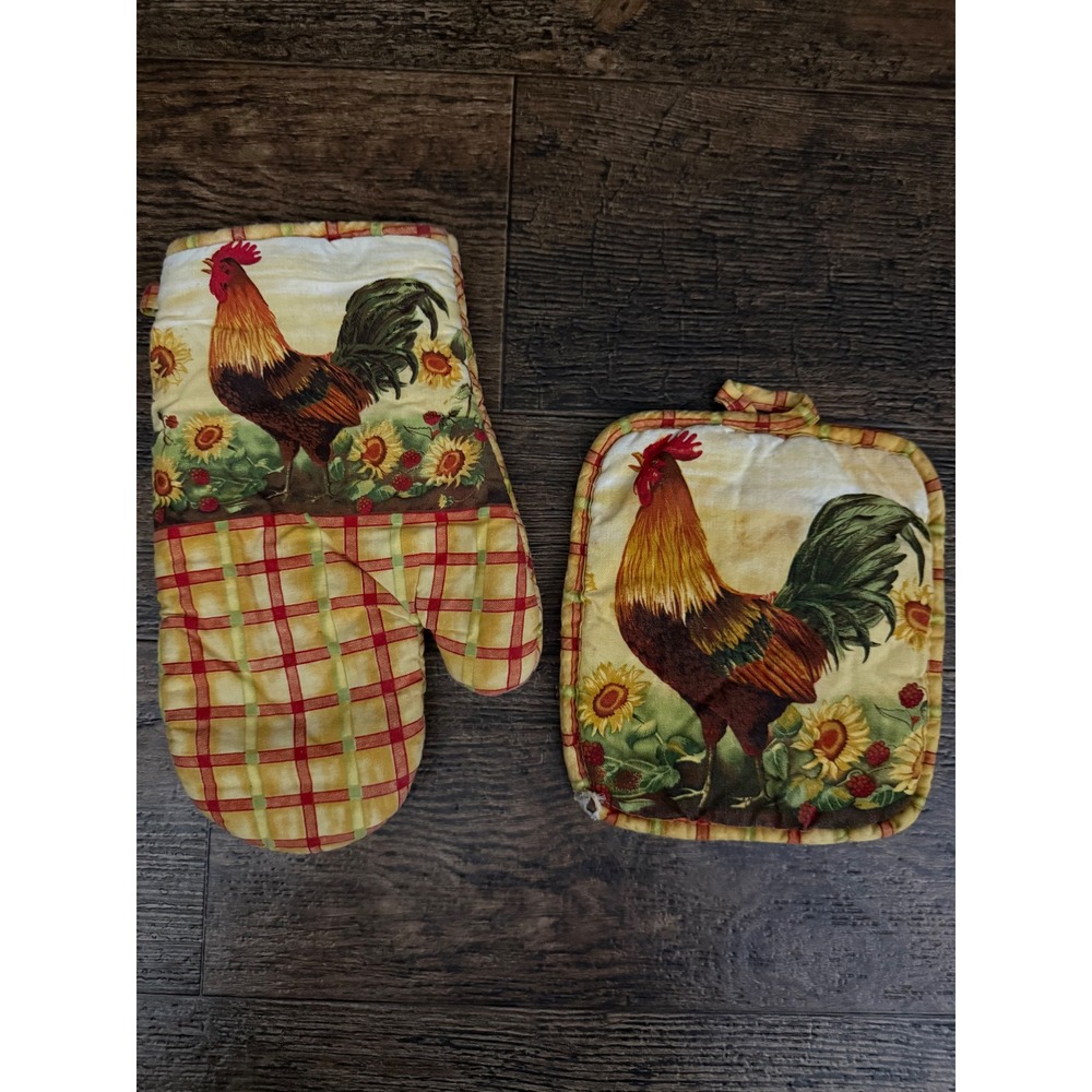 Rooster Sunflower Oven Mitt and Pot‎ Holder Set Farmhouse Kitchen Decor